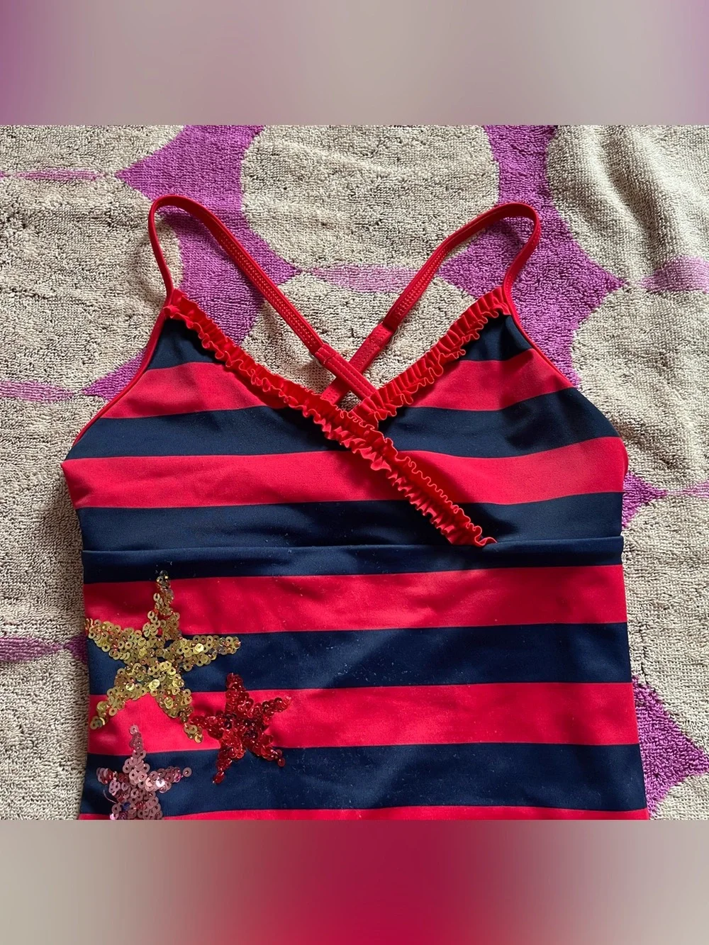 Land’s End Girls One Piece Stripe Swimsuit with Sequin Stars